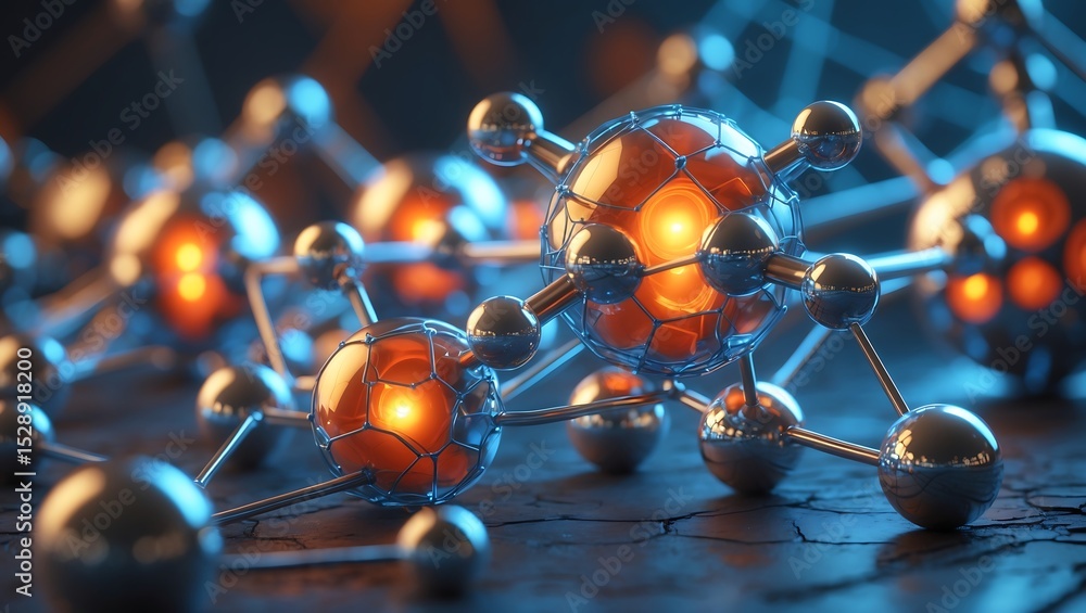 Poster abstract 3 d render of interconnected metallic spheres glowing orange and blue network structure mol