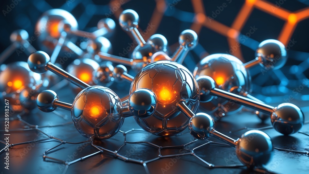 Poster chrome molecular structures orange glow blue background complex network science technology abstract3