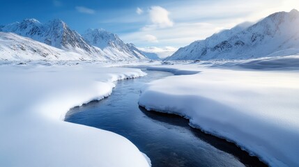 A breathtaking winter landscape featuring majestic mountains covered in snow, with a serene river flowing through, exemplifying the natural beauty and tranquility of the season.