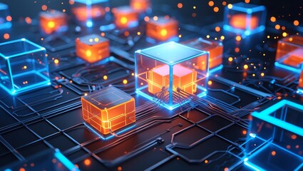Glowing Orange and Blue Cubes Connected on a Dark Circuit Board Digital Art Abstract Network Technology