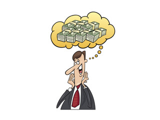 Illustration of businessman dreaming of money isolated on white background