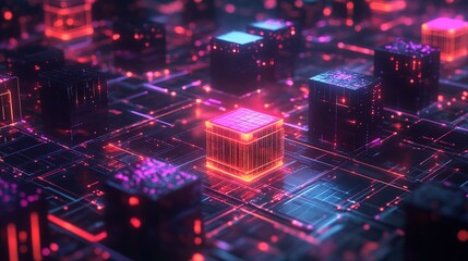 Abstract Glowing Digital Circuit Board with Cube Futuristic Technology Concept