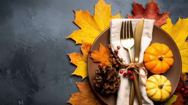 Autumnal dinner table setting with pumpkins, fall leaves and golden cutlery on a plate, festive Thanksgiving decoration