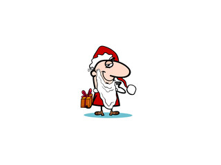 Cartoon santa claus holding a gift with a mischievous grin