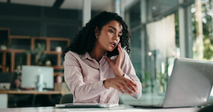Phone call, business and woman with stress, laptop and mistake with schedule for taxes audit. Person, economy expert and financial advisor with computer, anxiety and cellphone with contact and error