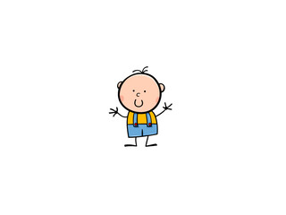 Cute baby wearing blue overalls and yellow shirt waving cheerfully