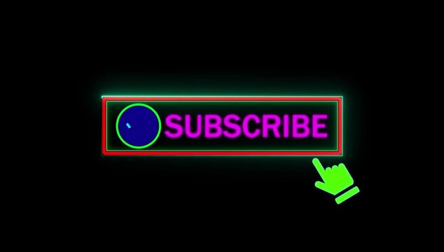 Glowing neon green color pink text cursor animation pointing towards subscribe button in looping with transparent background.