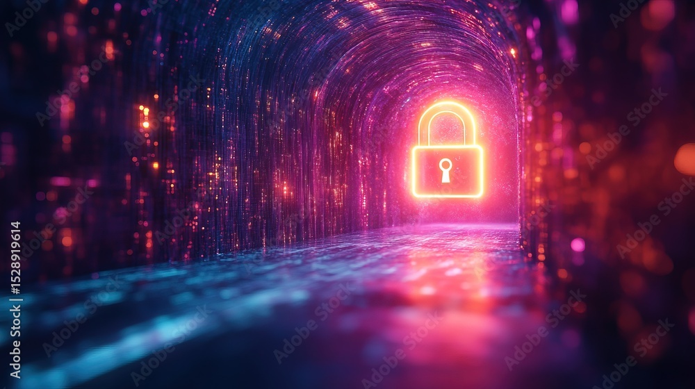 Poster abstract digital tunnel with glowing padlock for cybersecurity data protection
