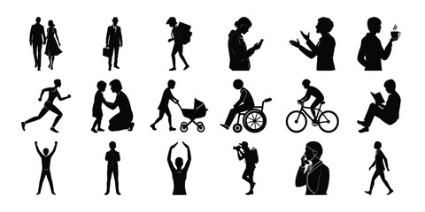 Vector silhouettes of people illustrate various actions like business, sport, dance, and shopping, featuring men, women, children, and families in a stylish black design