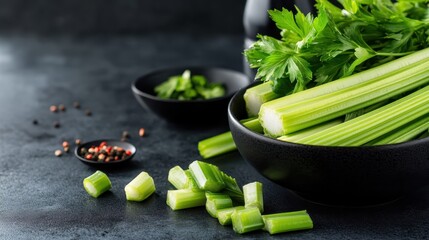 A visually appealing display of fresh celery stalks, cut pieces, and vibrant green leaves arranged in stylish bowls, showcasing the freshness and natural beauty of vegetables.
