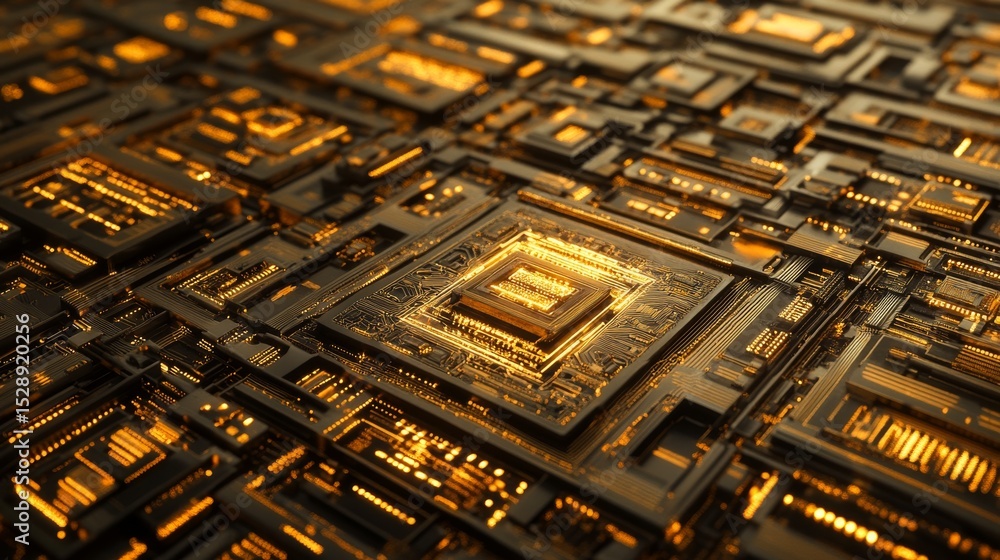 Poster close-up of electronic circuit board with glowing microchips and conductive pathways, futuristic tec