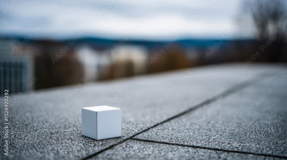 Poster minimal white cube resting on textured stone surface against soft gradient sky for serene abstract c