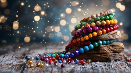 Vibrant Colorful Beaded Necklaces and Bracelets on Rustic Wood