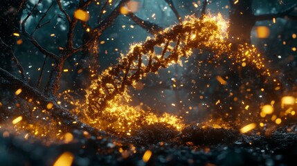 Fiery DNA Helix in Dark Forest Abstract Science Illustration