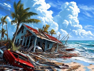 Devastated Coastal House After Hurricane Dramatic Oceanfront Scene