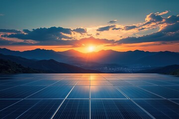 Dramatic sunset reflecting on large solar panel array, highlighting the connection between nature and solar power