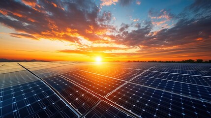 Dramatic Landscape of Solar Panel Array at Golden Hour with Cloudscape