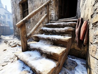 Rustic Wooden Steps Covered in Snow Winter Scene Photography