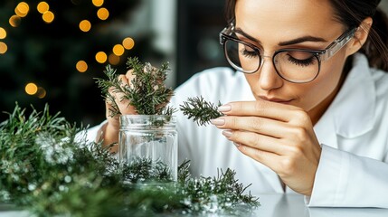 Scientist Examining Festive Evergreen Branches for Research