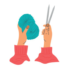 Knitting. Hands hold a knitted fabric on the needles. Hobby, handmade, handicraft.