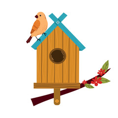 Birdhouse with a bird.Isolated vector illustration of a birdhouse with a cute bird and budding flowers on a white background, whimsical and inviting, symbolizing spring.