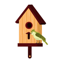 Birdhouse with a bird.Isolated vector illustration of a birdhouse with a cute bird and budding flowers on a white background, whimsical and inviting, symbolizing spring.
