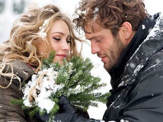 Romantic Couple in Snowy Winter Wonderland A Close-Up Portrait