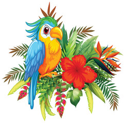 Obraz premium Colorful Bird with Tropical Floral Arrangement
