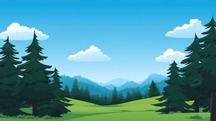 Tranquil forest vista with rolling hills and cumulus clouds against blue sky