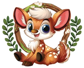 Fototapete Rund Cute Cartoon Fawn in Floral Wreath © GraphicsRF