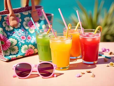Bright summer setup with colorful drinks, bold patterns, sunglasses, and a trendy bag on a vibrant table - capturing the spirit of fun, relaxation, and youthful leisure energy.