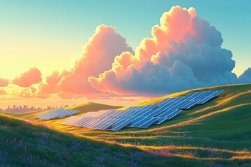 Rolling solar fields under vibrant sky and cumulus clouds at golden hour, highlighting renewable expansion in nature