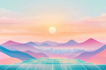 Digital pastel hills and futuristic urban skyline at sunrise, evoking harmony of energy, nature, and progress