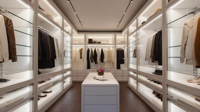 Luxury Walk-In Closet with Glass Shelves and Coordinated Fashion, Camera Gliding Lengthwise