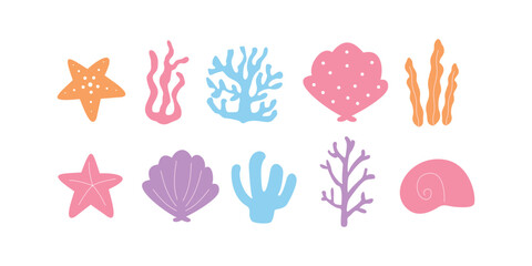 A cute hand drawn set of corals, starfish, shells and seaweed