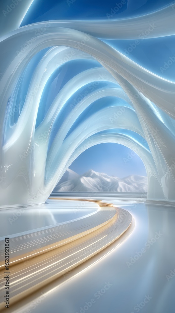 Poster abstract minimalist architecture futuristic 3d render with mountain view