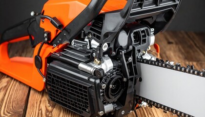 Powerful Orange Chainsaw with Sharp Chain Close Up on Wood Background A Detailed View of a Professional Logging Tool