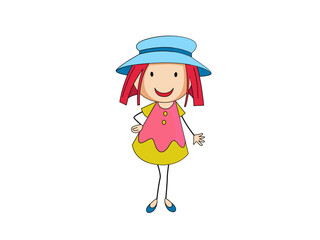 Happy cartoon girl in summer hat and dress