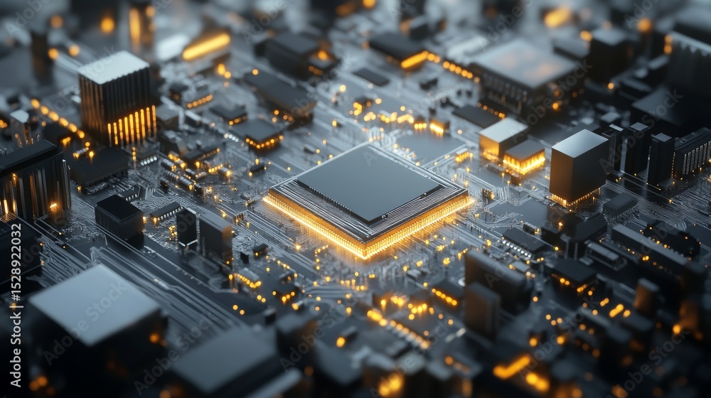 Poster close-up of electronic circuit board with glowing microchips and conductive pathways, futuristic tec