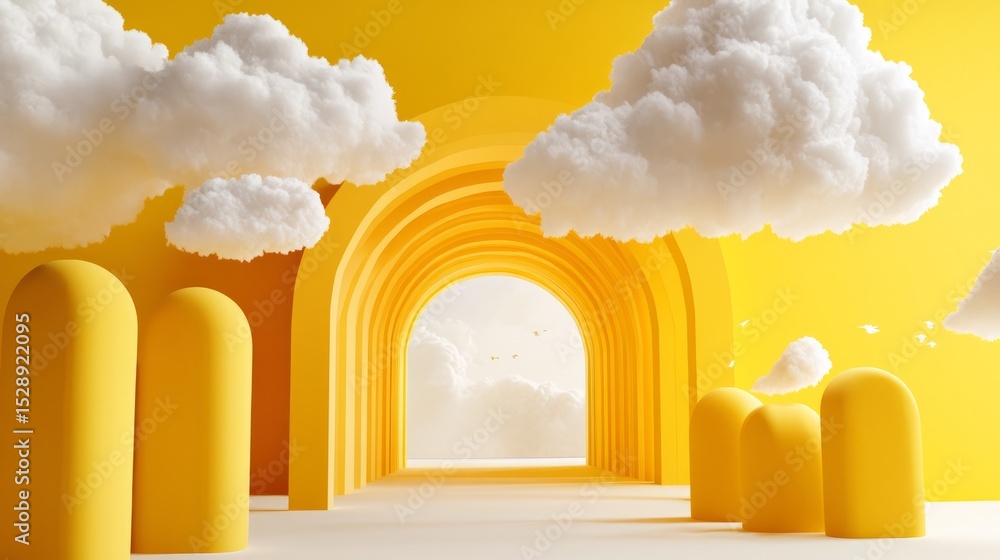 Poster 3d render of abstract minimal yellow background featuring white cloud elements emerging from a circu