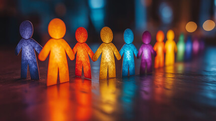 A group of colorful 3D paper people holding hands, symbolizing unity and teamwork.