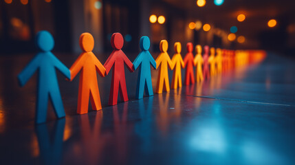 A group of colorful 3D paper people holding hands, symbolizing unity and teamwork.