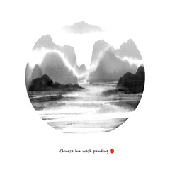 Circular Ink Wash Landscape. Minimalist circular ink landscape with misty mountains, river, and traditional brushwork in monochrome tones