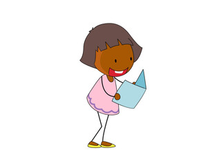 Happy girl reading a book cartoon illustration