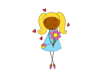 Cute cartoon girl holding flower with hearts