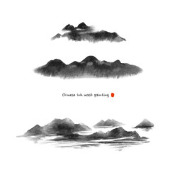 Hand-drawn Chinese ink landscape with misty mountains, river, and traditional brushwork in monochrome tones.