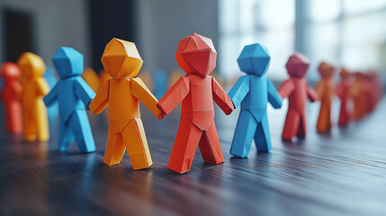 A group of colorful 3D paper people holding hands, symbolizing unity and teamwork.