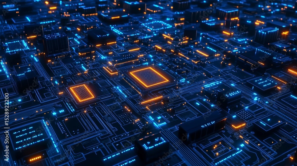 Poster close-up of electronic circuit board with glowing microchips and conductive pathways, futuristic tec