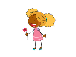 Happy little girl holding a flower cartoon illustration