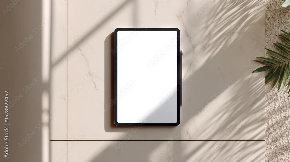 Poster modern sleek tablet with blank screen on beige surface topdown view minimal tech aesthetic copy spac